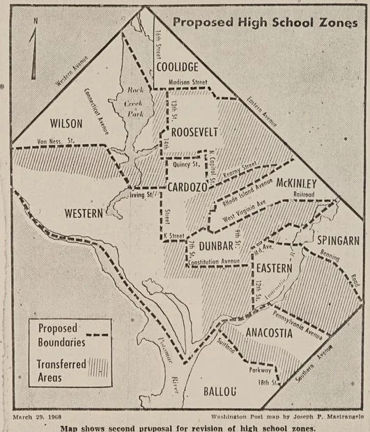 Proposed high-school attendance zones, Washington, D.C. Washington Post map, March 29, 1968.
