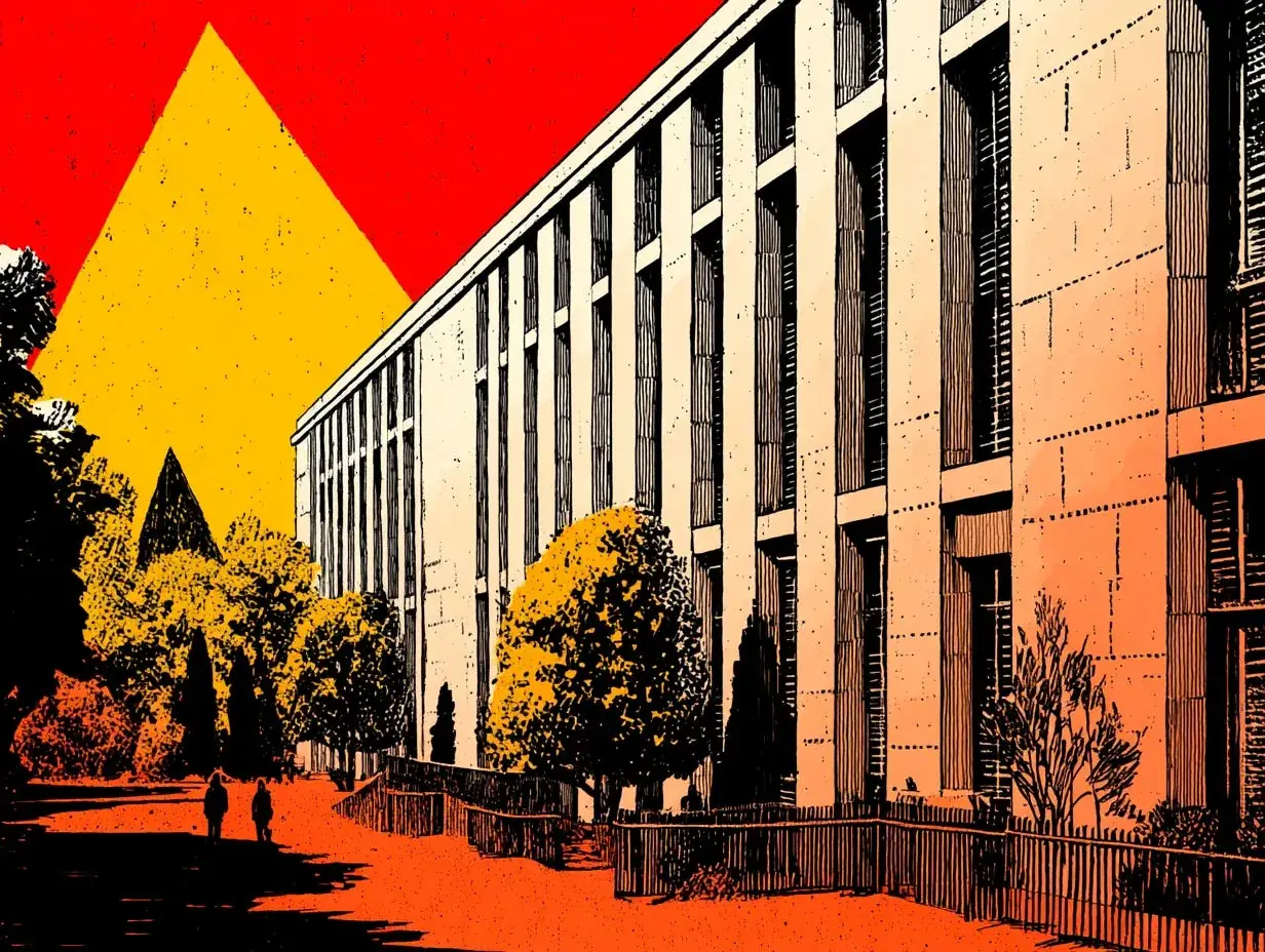 The Department of Education headquarters as a screen-print illustration: a long modernist facade under a red sky with a gold diamond, two small figures walking below.